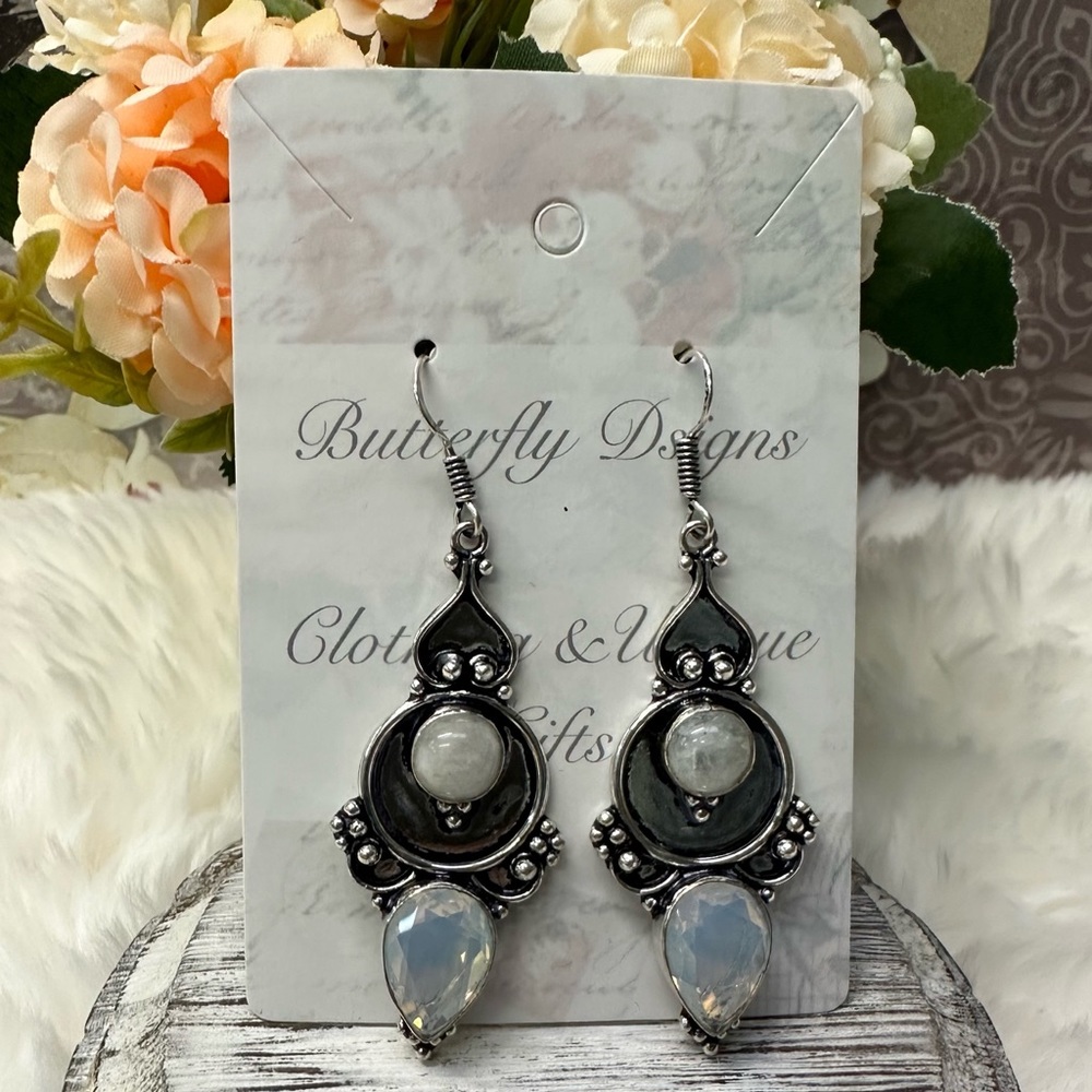 0123 Opalite Rainbow Moonstone Artisan Drop Earrings Silver Gemstone Jewelry - Picture 7 of 13